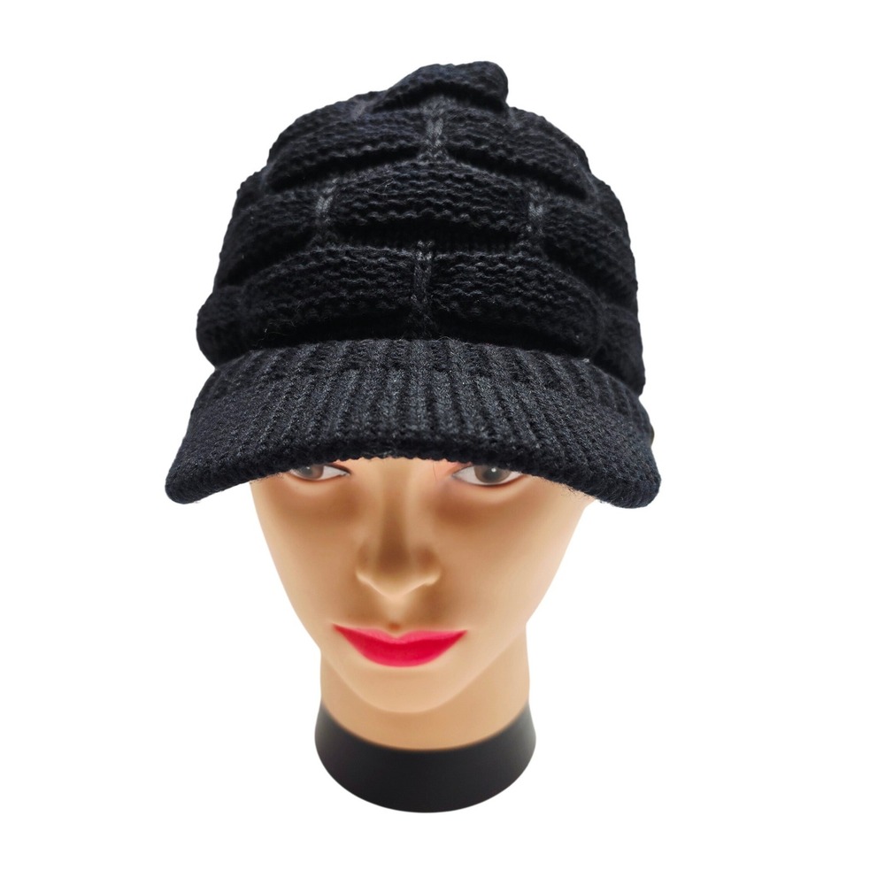 C.C Exclusives Visor Beanie Hat Women One Size Black Knit Newsboy Cap